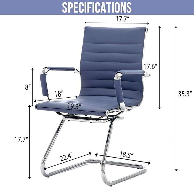 Wahson Office Guest Chairs Set of 6, Leather Reception Chairs, Mid Back Waiting Room Chair, Conference Chairs with Sled Base, Desk Chair No Wheels for Meeting/Lobby/Restroom, Navy Blue