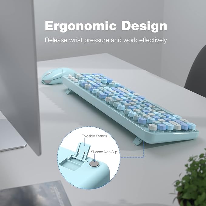 Wireless Keyboard and Mouse Combo - GEEZER Sky Blue Full-Sized Colorful Keyboard 104 Keys - USB 2.4 G Receiver Plug Play with Round Keycap Typewriter Keyboards, for Windows, PC, Laptop, Desktop