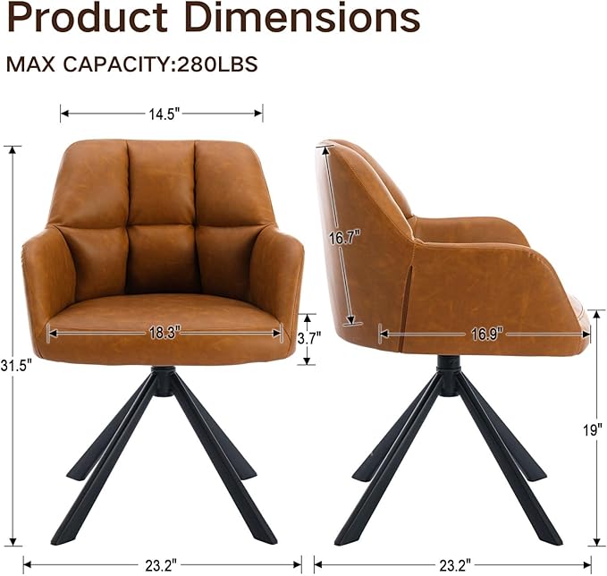 Brown Home Office Chair with Arms, Comfy Desk Chair No Wheels, Upholstered Leather Computer Chair, Swivel Accent Chair for Bedroom, Office, Small Spaces