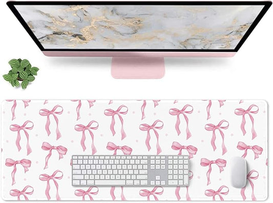 Large Mouse Pad, Pink Bow Desk Mat Gaming Mouse Pad 31.5 x 11.8in for Laptop Computer PC, Non-Slip Rubber Base Cute Bows Mousepad Office Accessories Desktop Decor Bow Coquette Mat for Girls