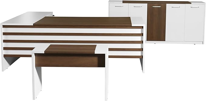 Leon 87" Wood Office Furniture Set of 3pcs | Executive Right Side L Shaped Corner Desk & File Drawers w/Telescopic Rail | Coffee Table | Storage Cabinet w/Chrome Handles | Modern Home Workstation