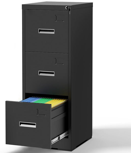 3-Drawer Locking Vertical File Cabinet, Metal Storage Cabinet for Office/Home – Secure Vertical Filing for Letter/Legal/A4/F4 Documents, Easy to Assemble Steel Cabinet, Black
