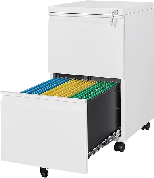Rolling File Cabinet with Lock, 2 Drawer Metal Mobile Office Filing Cabinet Under Desk for Legal/Letter Size(Assembly Required)