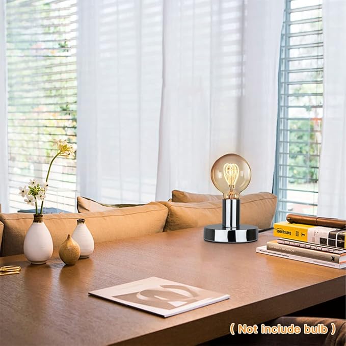 Helunsi Industrial Table Lamp Base, Silver E26 E27 Lamp Base Without Shade, Mini Short Desk Lamp Exposed Bulb Base, Simple Metal Edison Light Bulb Stand, with 5.8ft Cord Switch Plug Bulb Base Holder