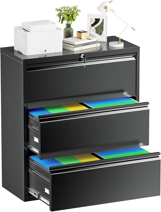 Incbruce 28" W 3 Drawer Lateral File Cabinet, 3 Drawer Lateral Filing Cabinet with Lock, Metal Wide Lateral File Storage Cabinet for Home, Office, Fit A4/F4/Letter/Legal File (Black)