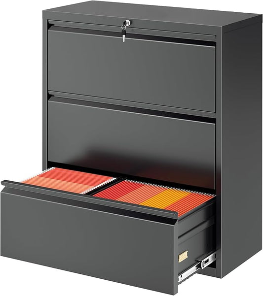 Greenvelly Lateral File Cabinet 3 Drawer, Lockable Metal Filing Cabinet for Home Office, Black Metal File Cabinet with Lock for Legal/Letter/A4/F4 Size with Hanging Bars&Key
