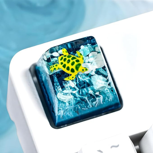 Sea Turtle Artisan Keycap Light Blue Ocean R1 SA Profile Custom Sea Creatures Keycaps 1U ESC Handmade Gaming Resin Key Cap Cherry MX Switch Compatible Mechanical Keyboard Turtle Lover Gift