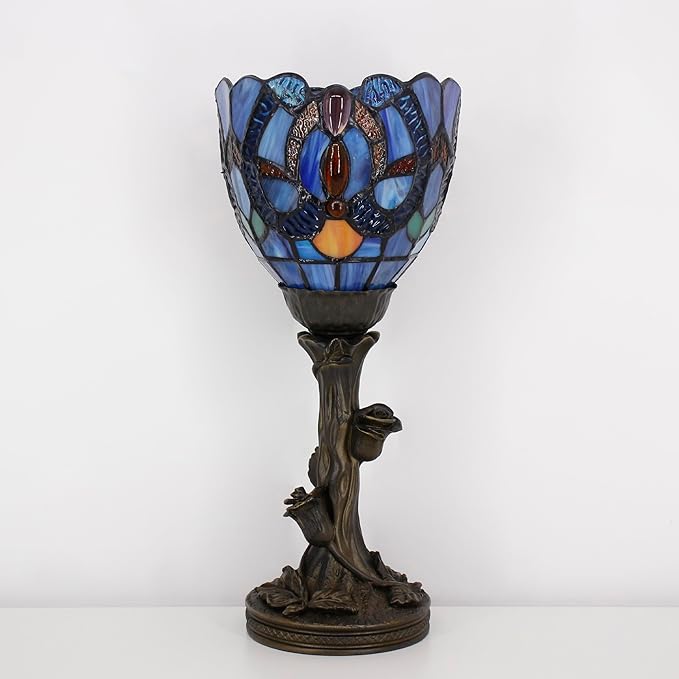 Small Tiffany Lamp Mini Stained Glass Table Lamp Blue Liaison Accent Desk Uplight W6 H13.5 Inch Bronze Resin Base