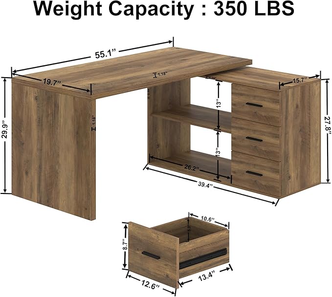 HSH 360 Rotating L Shaped Desk with Drawers, L Shape Computer Desk with Storage Cabinet Shelves, Rustic Home Office Desk for Executive Writing Study Work, Wood Table Swivel Desk, Rustic Oak, 55 Inch