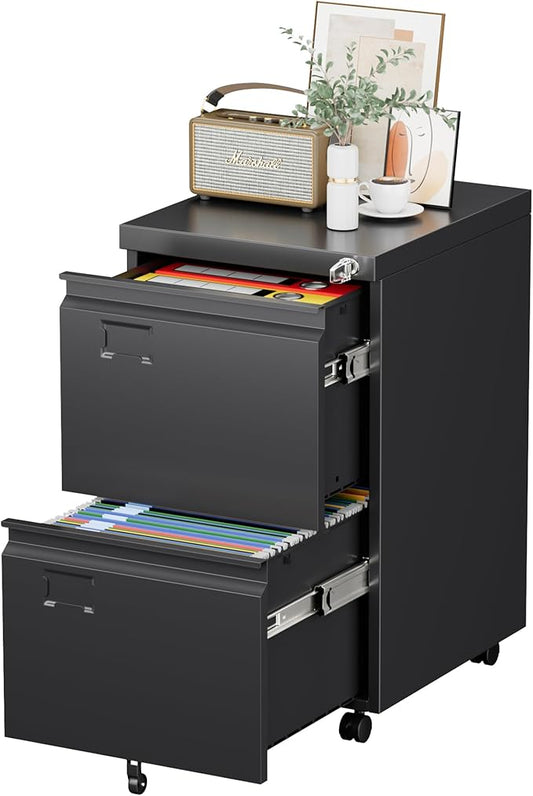 2 Drawers Metal File Cabinet with Lock, Under Desk Mobile Filing Storage Cabinet with Business Card Slot for Letter/Legal/F4/A4 Size Folders,Required Assembly,14.57"W x 17.36"D x 25.79"H,Black