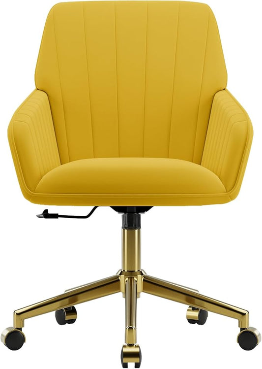YISHENG Velvet Office Desk Chair with Gold Base, with Wheels,Modern Height Adjustable 360 Degree Swivel Upholstered Vanity Chairs with Arms for Living Room Bedroom.Yellow