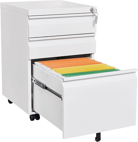 3-Drawer Metal File Cabinet with Lock & Wheels – Rolling Under-Desk Storage for Letter/Legal/A4 Folders, Home & Office Use (Assembly Required)