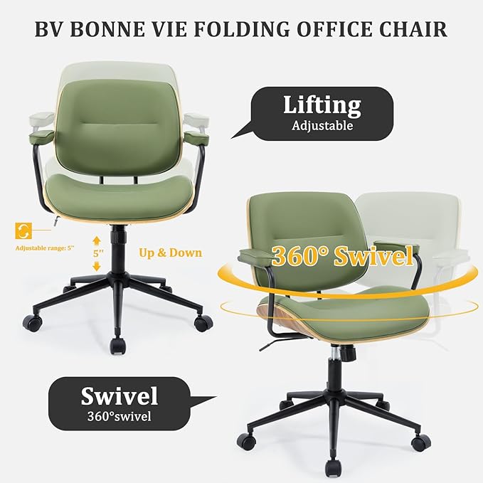 BV Mid Century Modern Office Chair Set of 1, Swivel Rolling Deak Chair with Armrests and Walnut Back, Adjustable Desk Chair for Home Office, Green