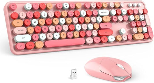 Wireless Keyboard and Mouse Combo - GEEZER Peach Pink Full-Sized Colorful Keyboard 104 Keys - USB 2.4 G Receiver Plug and Play with Round Keycap Typewriter Keyboards, for Windows, PC, Laptop, Desktop
