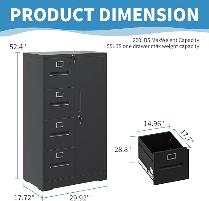 4 Drawer Metal File Cabinet with Lock and 1 Door, Steel Vertical Filing Cabinets for Home Office, Metal Storage Cabinet for Hanging Legal/Letter Size Files, Assembly Required (Black)