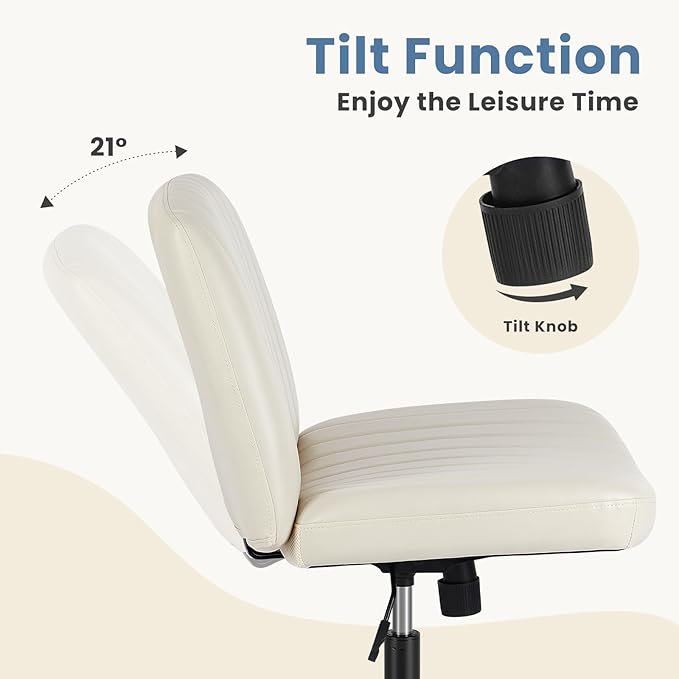 DUMOS Criss Cross Chair with Wheels, Wide Cross Legged Office Desk Vanity Chairs, Faux Leather Armless Adjustable Swivel Chairs for Home Computer Task, Beige