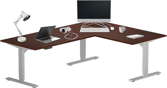 Progressive Desk Electric Stand Up Height Adjustable Standing Desk - L Shaped 78" x 60" Corner Table Computer Rising Workstation - Gray Frame, Dark Cherry