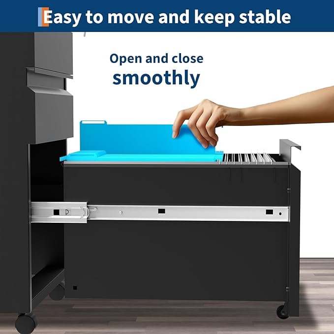 3-Drawer Mobile File Cabinet with Lock & Wheels, Under Desk Lateral Filing Cabinet for Legal/Letter/A4 Files, Adjustable Shelf, Easy Assembly, Office Home Storage, Dark Black