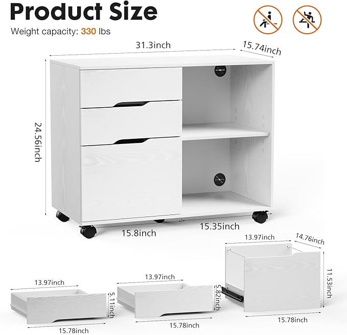 File Cabinet with 3 Drawers, Mobile Lateral Filing Cabinet with Open Storage Shelves for Home Office Under Desk Storage, White