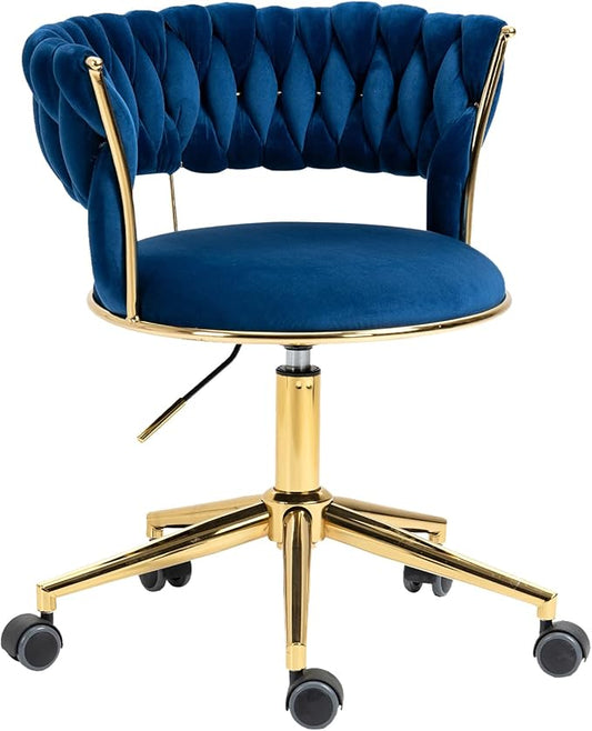 NIOIIKIT Velvet Office Desk Chair with Hand Woven Backrest, 360° Swivel & Height Adjustable Task Chairs, Makeup Chair, Living Room Chairs with Stainless Base and 5 Wheels (Navy)