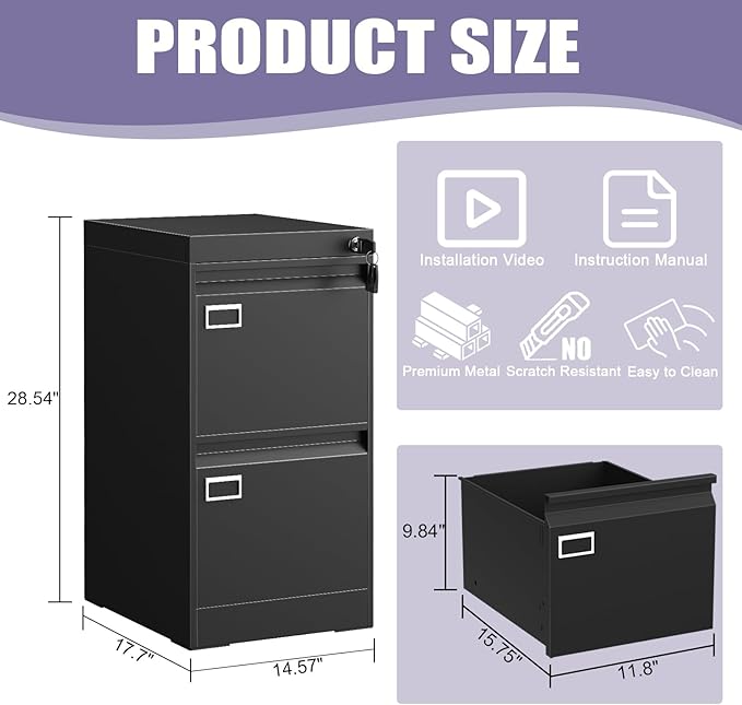 2 Drawer Metal File Cabinet with Lock, Black Locked Filing Cabinets, Vertical Small File Cabinet with Key, Under Desk Filing Cabinets for Home Office