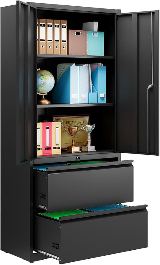DEVAISE File Cabinet with 2 Drawers and Doors, Black Locking Metal Storage Cabinet with Adjustable Shelves for Home Office, Warehouse, Garage, School