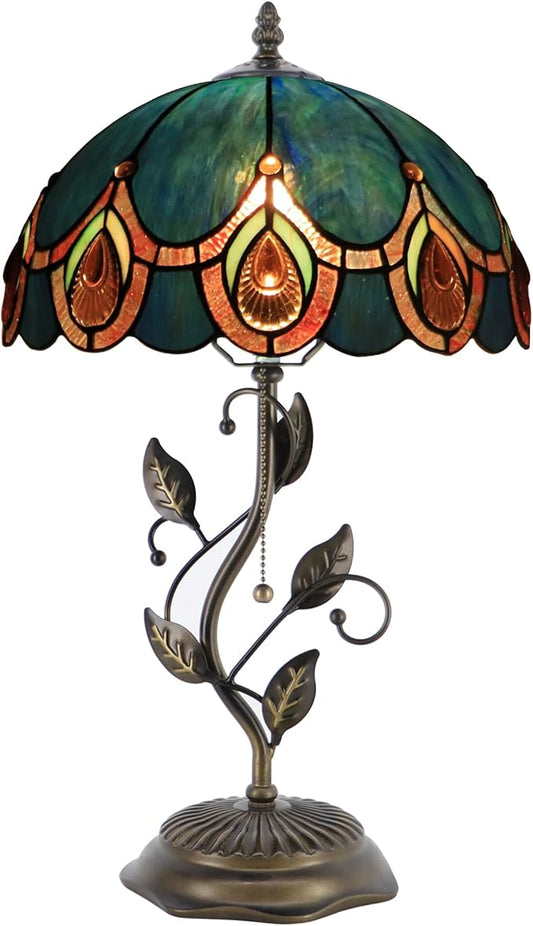 Tiffany Table Lamp, Stained Glass Style Desk Lamp, 12X12X19 Inch,Bedside Reading Light, Metal Leaf Base (Peacock Crystal Style)