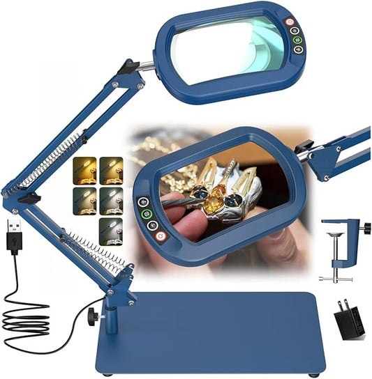 Veemagni 10X Rectangle Magnifying Glass with Light and Stand, 5 Color Modes Stepless Dimmable, 2-in-1 LED Lighted Desk Lamp & Clamp, Hands Free Magnifier for Reading Crafts Painting Close Work - Blue
