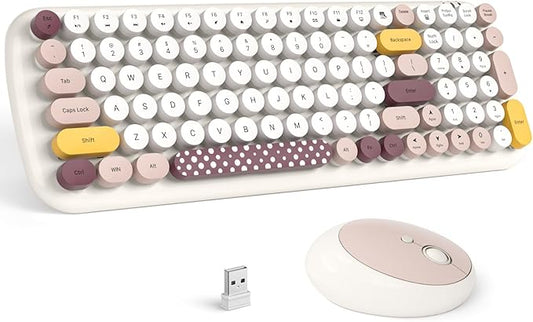 Wireless Keyboard and Mouse Combo - GEEZER Pale Milkwhite Colorful Round Keycap Keyboard 100 Keys - USB 2.4G Receiver Plug Play Typewriter Keyboards for Windows, PC, Laptop, Desktop