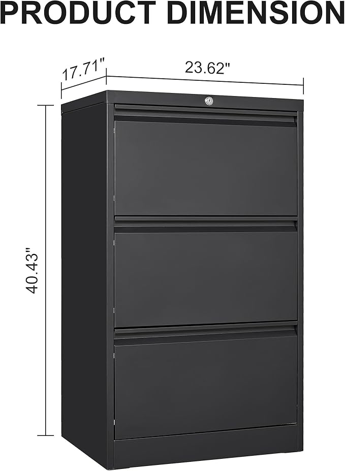 GarveeLife 3 Drawers Lateral File Cabinet with Lock, Metal Filing Cabinet with Card Holder, Steel Drawer File Cabinets Under Desk for Home Office Legal/Letter/f4/a4 Size Black