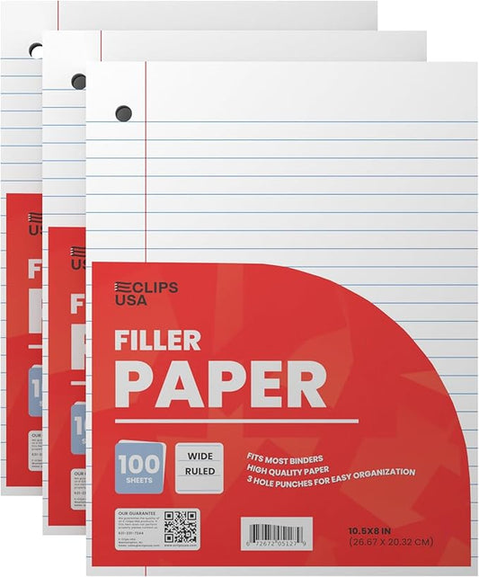 Notebook Paper, Loose Leaf Paper, Wide Ruled Paper, 10.5” x 8”, Filler Paper, 100 Sheets Per Pack, 60 gsm (3 Pack)