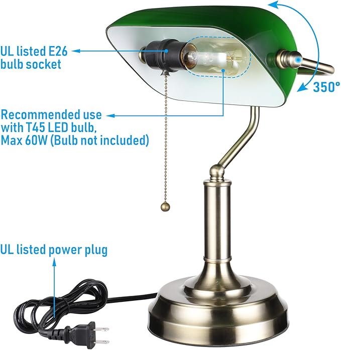 TORCHSTAR Green Glass Bankers Desk Lamp, UL Listed, Antique Desk Lamps with Brass Base, Traditional Library Lamp with Pull Chain, E26 Base, Vintage Desk Lamp for Office, Study Room