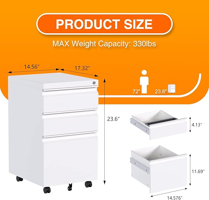 3 Drawer Metal Rolling File Cabinet with Lock, Under Desk Mobile Filing Storage Cabinet for Home Office School, Fully Assembled Except Wheels, White