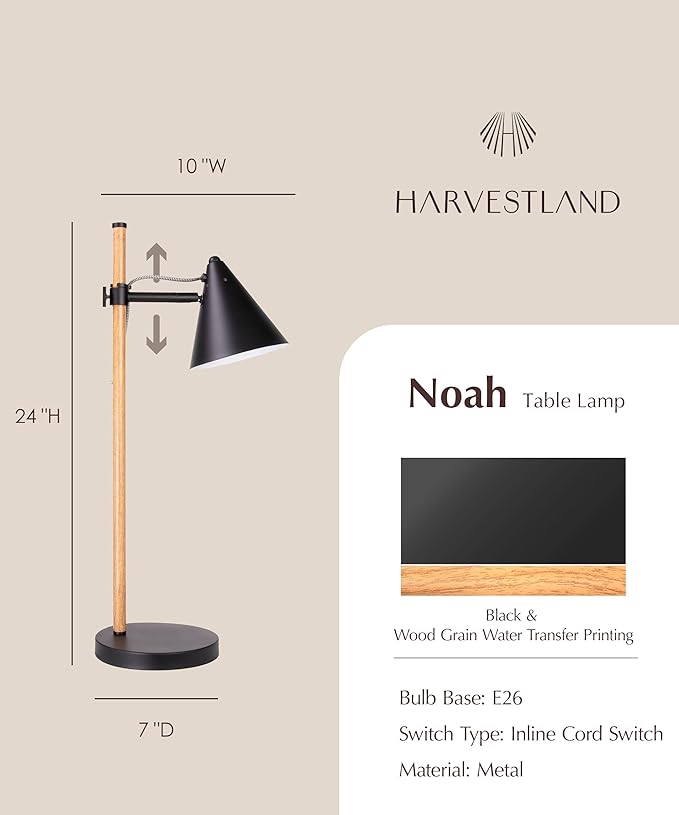 HarvestLand Noah Black Desk Lamp – Adjustable Table Lamp, Industrial Table Lamp with Solid Base for Living Room, Bedside Table, Home Office and Bedside Reading, Black Desk Lamp, Architect lamp