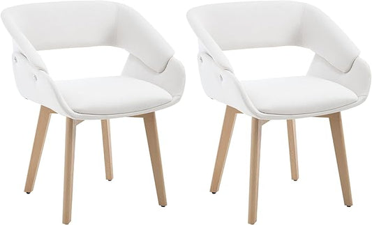 Home Office Desk Chair No Wheels Set of 2, Upholstered Linen Fabric Modern Accent Side Armchair with Wood Legs Hollow-Out Back, for Vanity Living Dining Room Bedroom, Beige