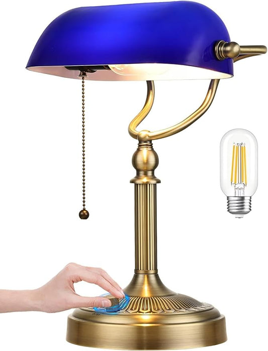Newrays Blue Glass Bankers Desk Lamp, Stepless Dimmable Table Lamp Plug in Fixture for Study, Home Office, LED Bulb Included