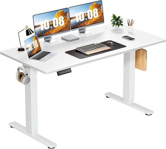 Sweetcrispy Electric Standing Desk Adjustable Height, 55x24 Inch Sit Stand Up Home Office Desks Computer Workstation PC Work Table with 3 Memory Preset Splice Wood Board Metal Frame, White