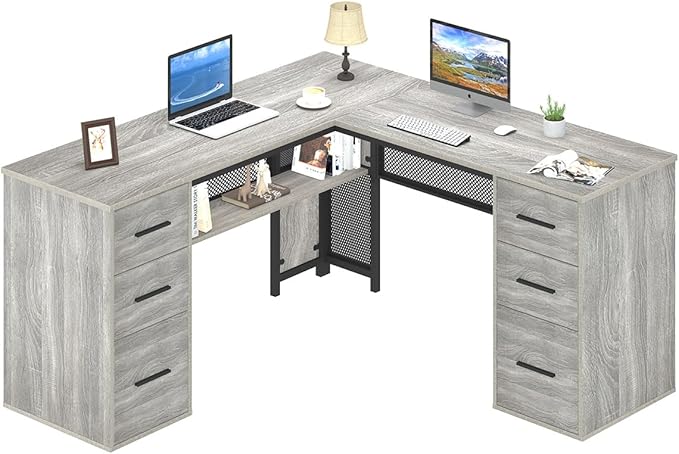 HSH Large L Shaped Desk with Storage File Cabinet，Corner L-Shaped Computer Desk with Drawers Shelves, Home Office Bedroom Metal Wood Study Writing Table Executive Workstation, Light Grey Oak, 59 Inch