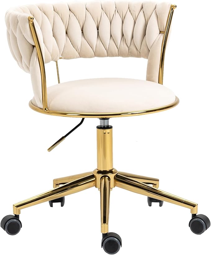 Home Office Chair with Hand Woven, Velvet Upholstered Desk Chair with Open Back, 360° Swivel & Height Adjustable Task Chair, Ergonomic Office Chair with Gold Base (Ivory)