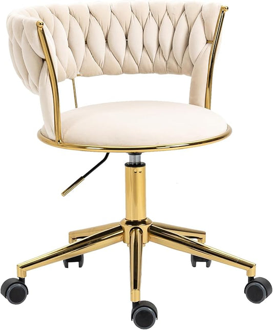 Home Office Chair with Hand Woven, Velvet Upholstered Desk Chair with Open Back, 360° Swivel & Height Adjustable Task Chair, Ergonomic Office Chair with Gold Base (Ivory)