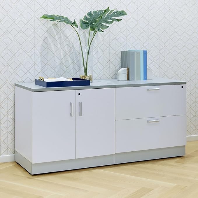 NBF Esquire Office Storage Cabinet and Lateral File - Laminate Storage Cabinet with Two Lockable Door and Adjustable Shelf - Lateral File Cabinet with 3 File Drawers - (63" W x 29.5" H, White)