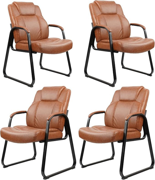 CLATINA Big Tall 500 LB Wide Guest Chairs Heavy Duty, Leather Side Reception Chairs with Sled Base and Arms, Executive Office Desk Chair No Wheels for Meeting Conference Waiting Room Home, Brown 4 PK