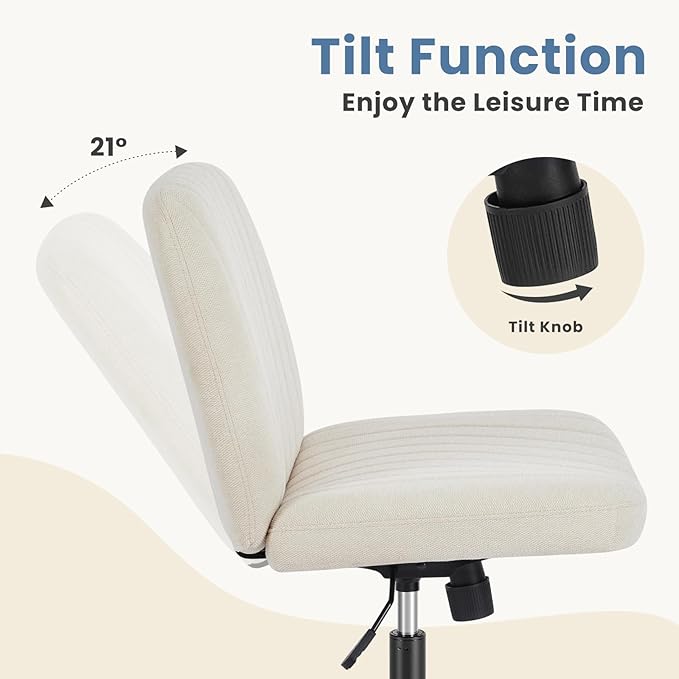 DUMOS Criss Cross Chair No Wheels Wide Cross Legged Office Desk Vanity Chair Comfy Fabric Armless Adjustable Swivel for Home Computer Task (Beige)