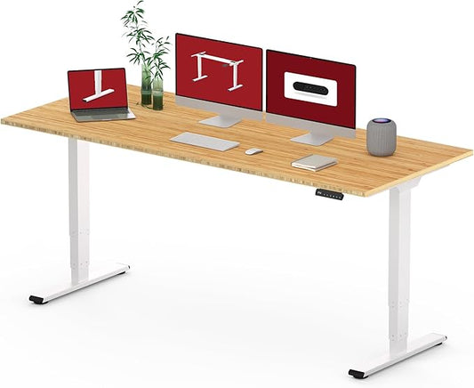 Standing Desk with Dual Motor, 3-Stage Lifting Column, Handset with 3 Preset and Sit-Stand Reminder - 72 inch Whole Piece Real Bamboo/White Frame, Height Adjustable Desk for Home and Office