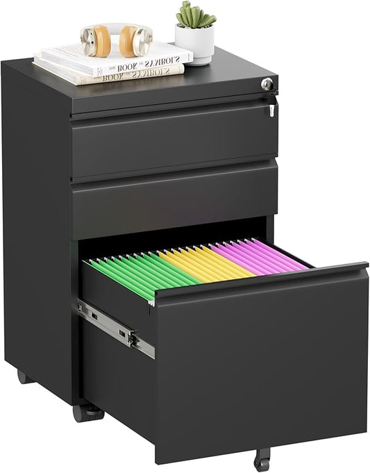 Superday Black File Cabinet 3 Drawer, Fully Assemble Metal Rolling Vertical Filing Cabinet with Wheels, Small Under Desk File Cabinets for Home Office