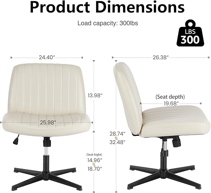 DUMOS Desk Chair No Wheels, Criss Cross Chair Wide Cross Legged Office Desk Vanity Chair, PU Leather Armless Adjustable Swivel Chairs for Home Computer Task Beige