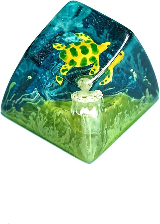 Sea Turtle Artisan Keycap Navy Blue Ocean Coral R1 SA Profile Custom Sea Creatures Keycaps 1U ESC Handmade Gaming Resin Key Cap Cherry MX Switch Compatible Mechanical Keyboard Turtle Lover Gift