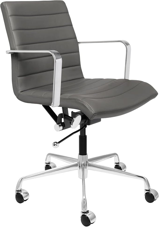 Laura Davidson Furniture SOHO II Ribbed Office Chair - Mid Back Desk Chair, Ergonomically Designed with Arm Rest & Swivel, Made of Faux Leather, Dark Grey, Computer Chair