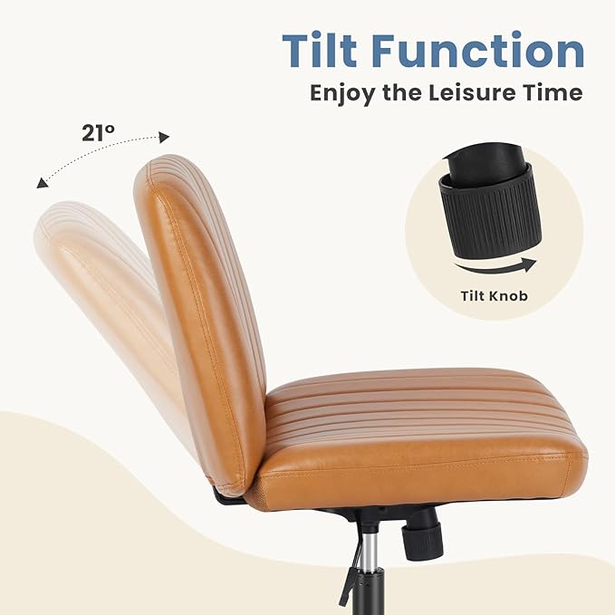 DUMOS Desk Chair No Wheels, Criss Cross Chair Wide Cross Legged Office Desk Vanity Chair, PU Leather Armless Adjustable Swivel Chairs for Home Computer Task Brwon