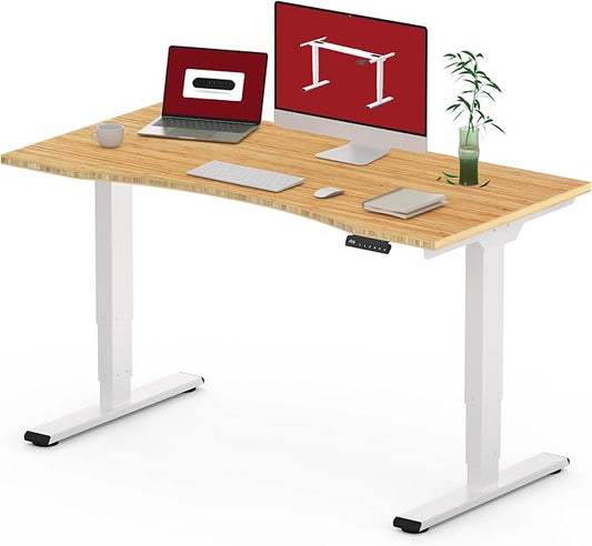 Height Adjustable Standing Desk 3 Stages Dual Motor Stand Up 48” Whole-Piece Bamboo Desktop Computer Desk, Electric Sit-Stand Desk for Home Office(White Frame/ 48” x 24” Curved Natural Bamboo Top)